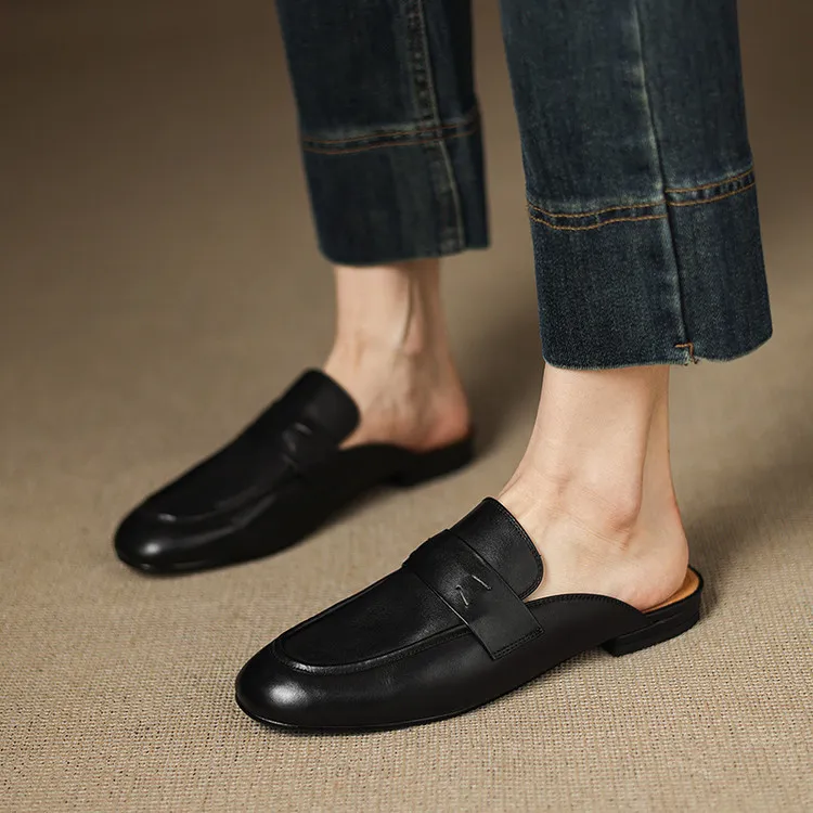 Spring slippers, round toe, chunky heel, low heel, cowhide, closed toe, women's shoes, 3-25d - Black 34