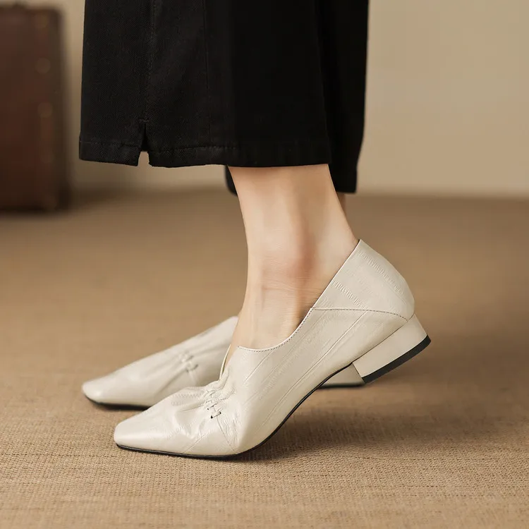 In stock spring single shoes, square toe, chunky heel, low heel, slip-on sheepskin women's shoes, sizes 3-25j - Off-white 34