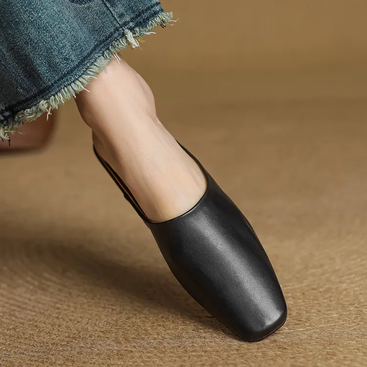 Spring single shoes, square toe, chunky heel, low heel, cowhide closed toe slippers, size 3-25c - Black 34