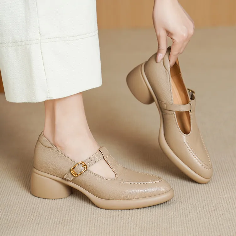 Spring single shoes, round toe, chunky heel, high heel, buckle, sheepskin fashion women's shoes 3-19x - Apricot 34