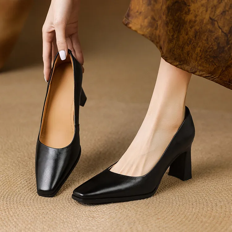 Spring single shoes, round toe, chunky heel, high-heeled fashion leather women's shoes, black and burgundy, 3-22i - Black 34