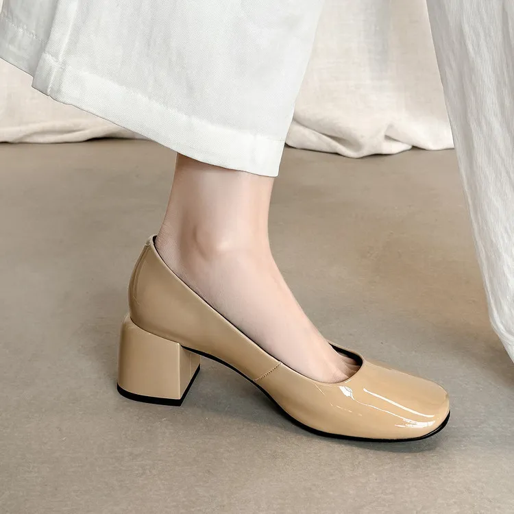 Spring single shoes, square toe, chunky heel, slip-on cowhide fashion women's shoes, size 3-25u - Apricot 34