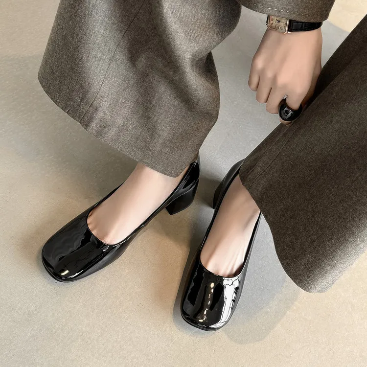 Spring single shoes, square toe, chunky heel, slip-on cowhide fashion women's shoes, size 3-25u - Black 34
