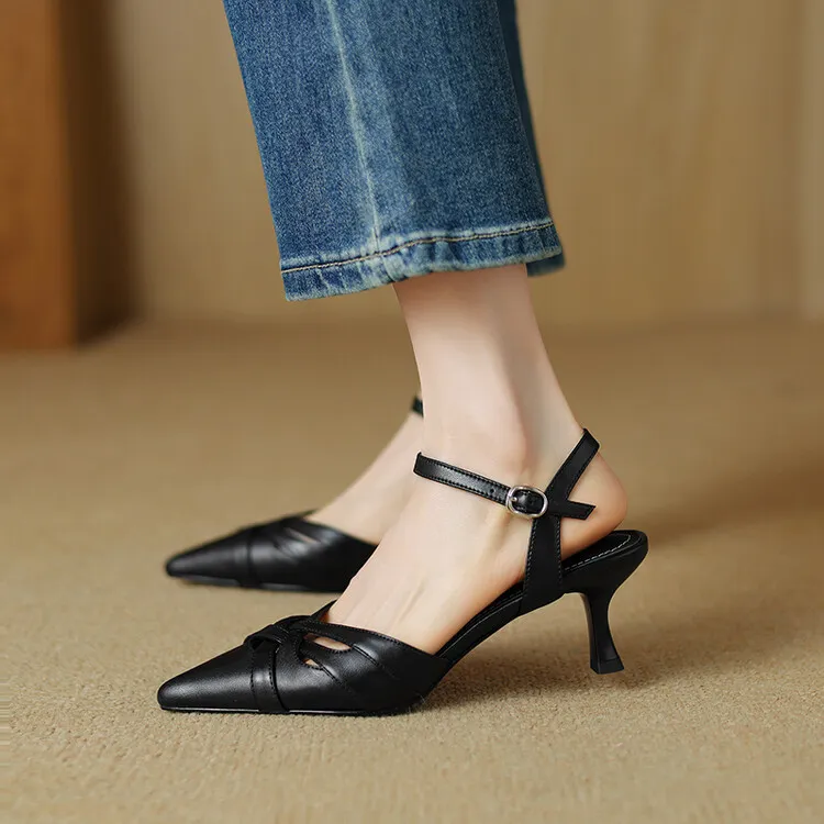 Summer pointed-toe stiletto heel buckle cowhide women's shoes 3-31q - Black 34