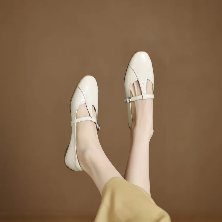 Women's T-strap Mary Jane shoes, stiletto heels, pointed toes, low-cut flats, early spring new arrivals, sheepskin distressed high heels. - Beige - Custom orders are non-refundable and non-exchangeable. Please confirm your order before placing it. 