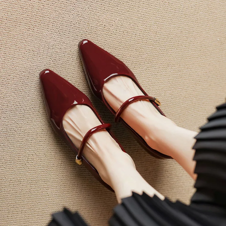 Spring single-shoe square-toe wedge heel sheepskin fashion women's shoes 3-31o - Burgundy 34