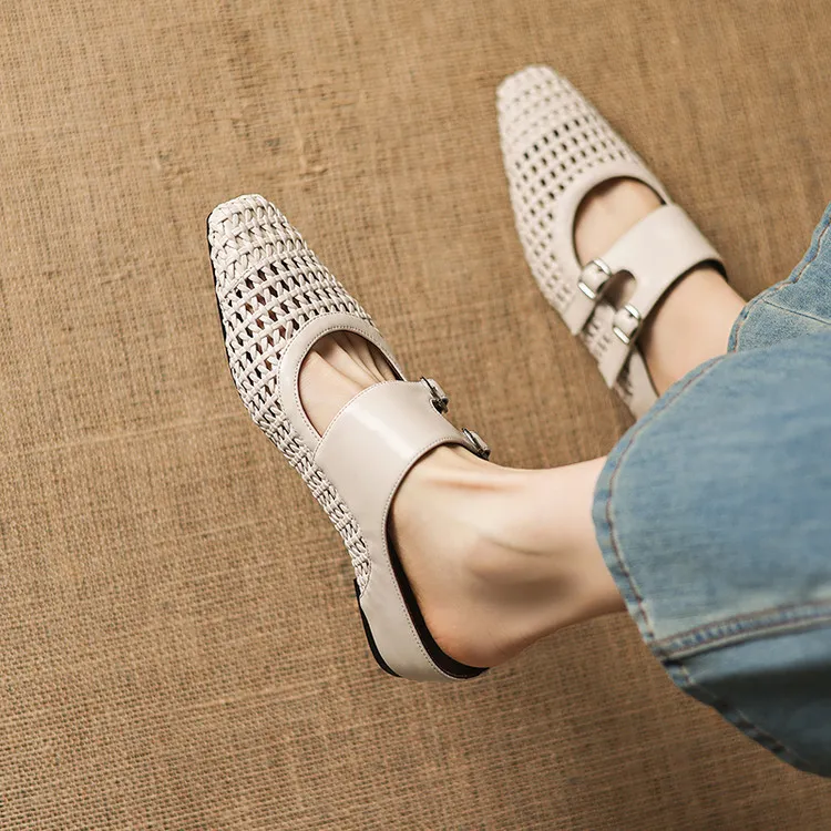 Summer sandals, square toe, wedge heel, openwork woven fashion women's shoes, 3-30w - Off-white 34