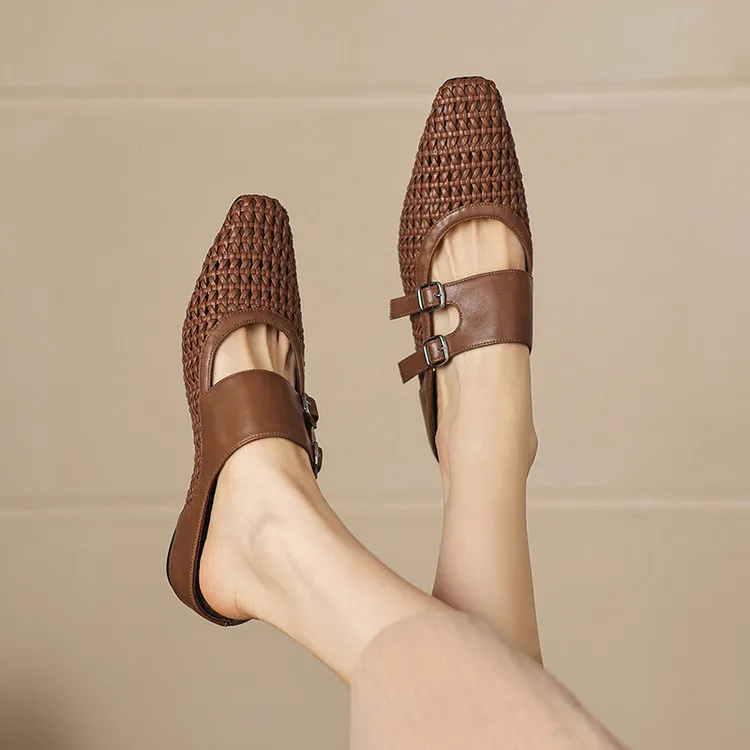 Summer sandals, square toe, wedge heel, openwork woven fashion women's shoes, 3-30w - Brown 34