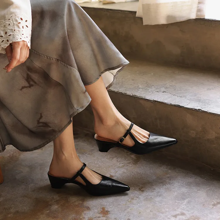 Spring/Summer Pointed Toe Closed Backless Slippers, Sheepskin Fashion Women's Shoes 4-6d - Black 35