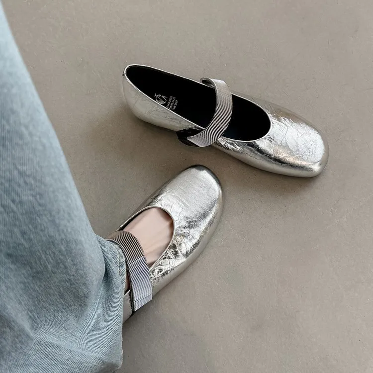 Spring single shoes, round toe, flat, cowhide slip-on fashion women's shoes, 3-25t - Silver 34