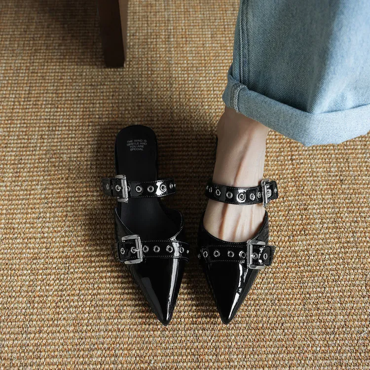 226 Summer Slippers Pointed Toe Closed Toe Chunky Heel Low Heel Cowhide Fashion Women's Shoes 4-6h - Black 34