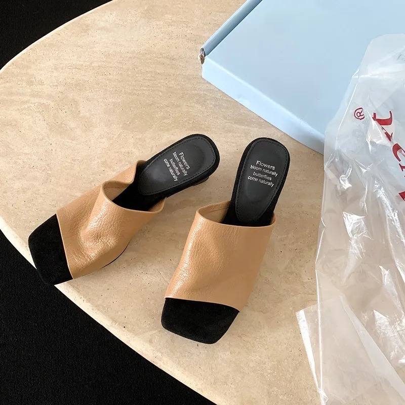 Summer slippers, square toe, high heels, elegant sheepskin fashion shoes, black, apricot, white, 3-31 - Apricot 33