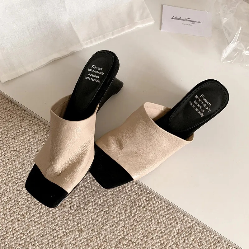 Summer slippers, square toe, high heels, elegant sheepskin fashion shoes, black, apricot, white, 3-31 - White 33