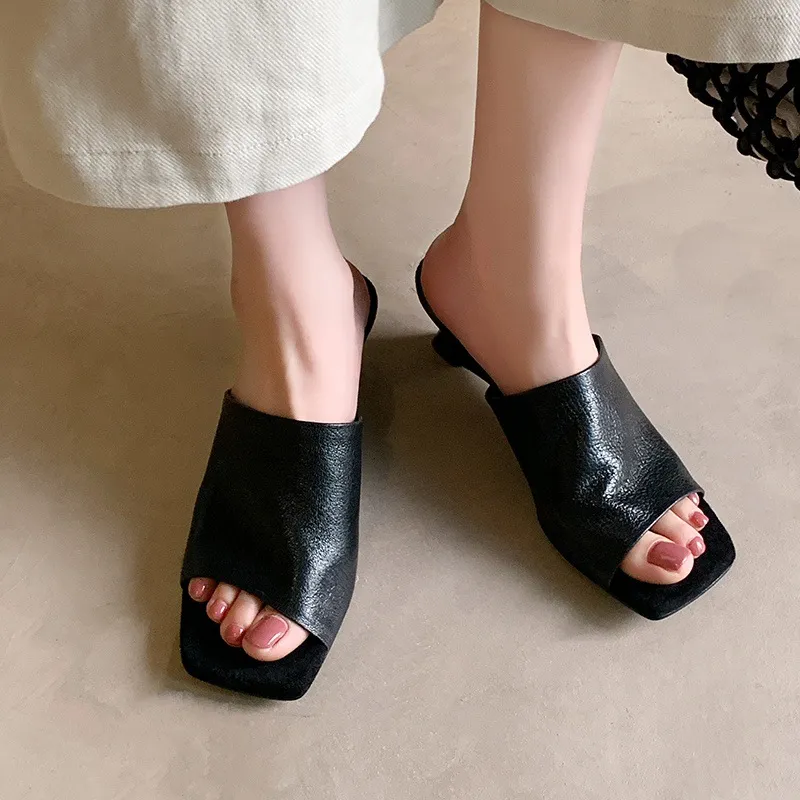 Summer slippers, square toe, high heels, elegant sheepskin fashion shoes, black, apricot, white, 3-31 - Black 33