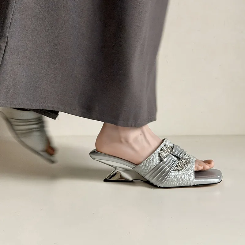 Summer slippers, square toe, unique heel, high leather, women's fashion shoes, 3-31t - Silver 34