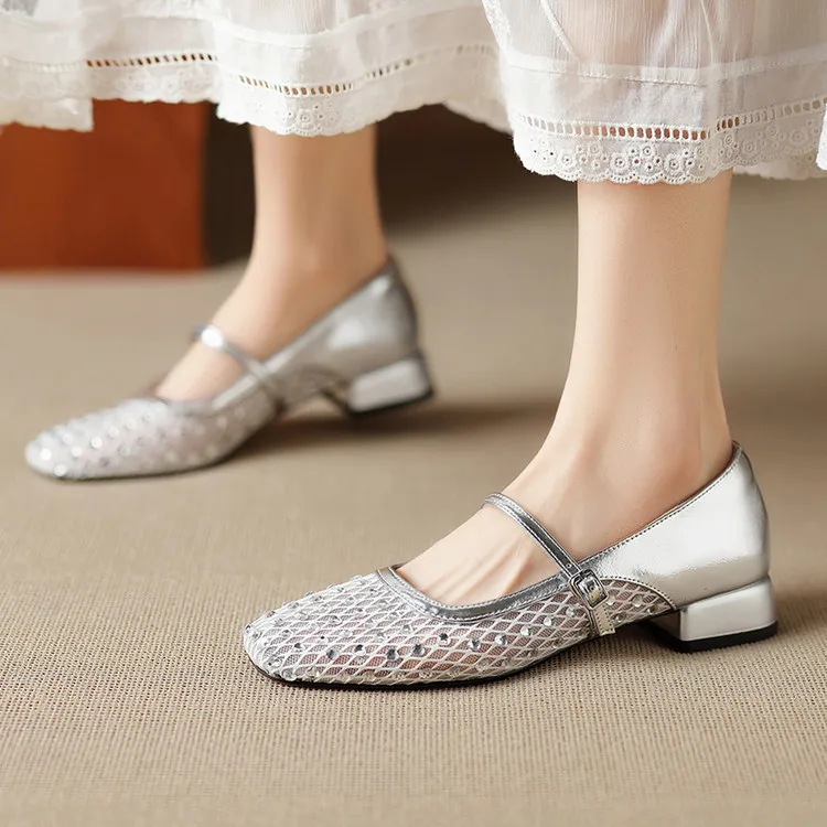 Summer single shoes, square toe, buckle, chunky heel, low heel, fashion women's shoes, 4-6F - Silver 34
