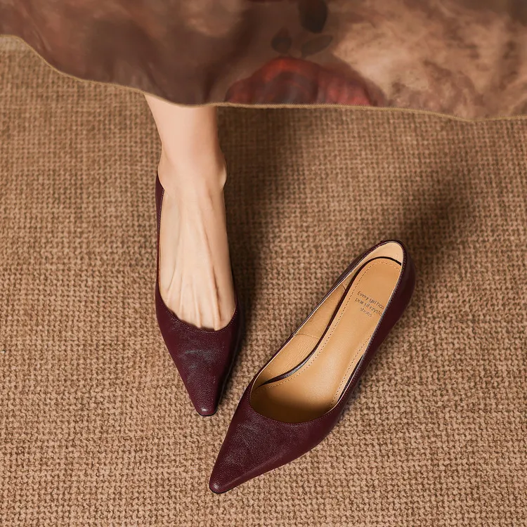 Spring pointed-toe chunky heel high-heeled fashion sheepskin women's shoes 4-6b - Burgundy 34
