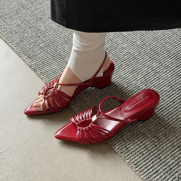 Summer pointed-toe high-heeled wedge sandals, fashion women's shoes, 4-6R, stylish sandals and slippers - Red 34