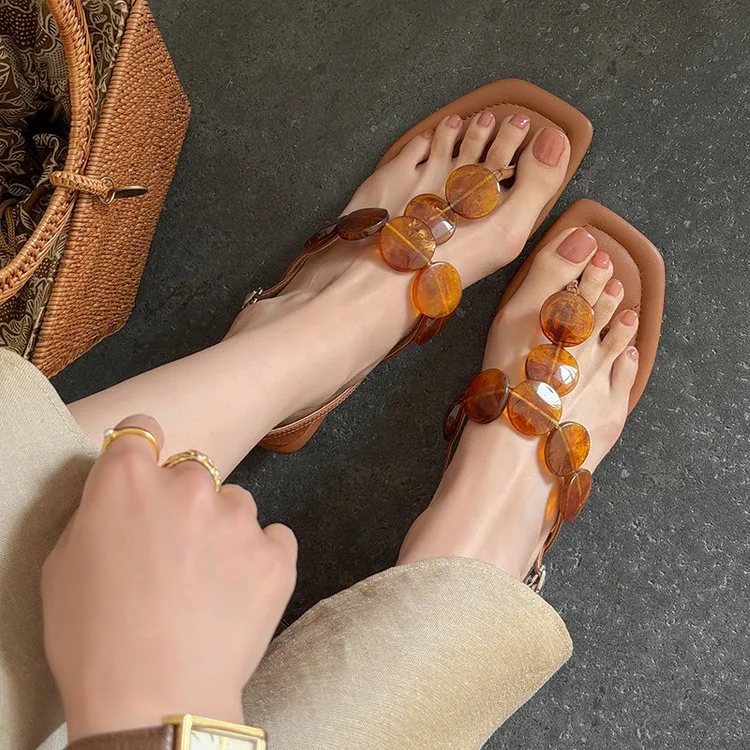 Summer square-toe flat fashion women's sandals 4-6q - Dark brown 34