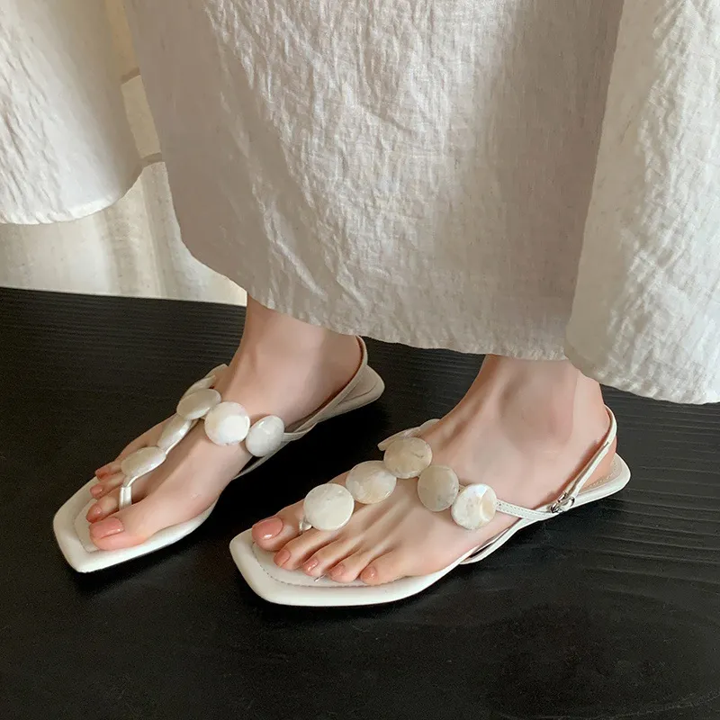 Summer square-toe flat fashion women's sandals 4-6q - Off-white 34