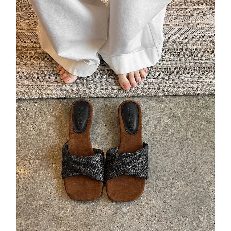 Summer slippers, square toe, wedge heel, fashion women's shoes, beige, brown, black, blue, 4-6k - Black 34