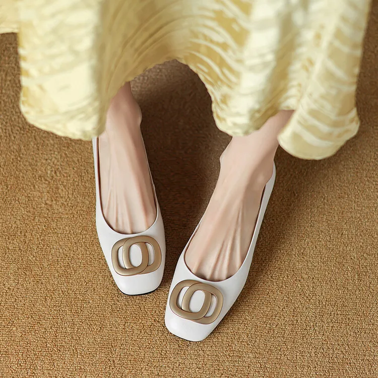 Spring square-toe chunky heel low-heel fashion leather slip-on women's shoes 4-22i - Off-white 34