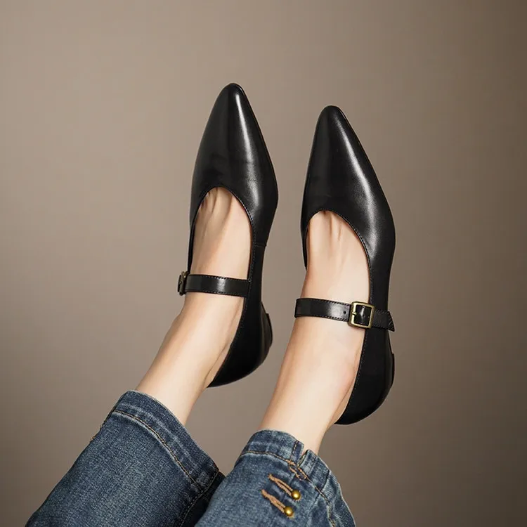 Supports encrypted ordering. ZMANZ Spring/Summer Single Shoes Pointed Toe Buckle Wedge Heel Leather Fashion Women's Shoes - Black 34