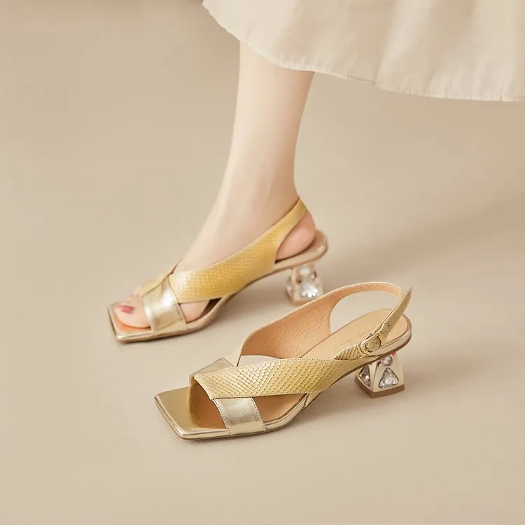 Fashionable summer sandals, square toe, chunky heel, rhinestone heel, buckle, cowhide leather, women's fashion sandals - Yellow 34