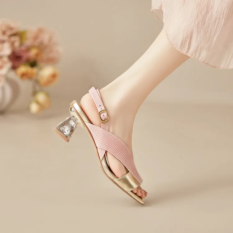 Fashionable summer sandals, square toe, chunky heel, rhinestone heel, buckle, cowhide leather, women's fashion sandals - Pink 34