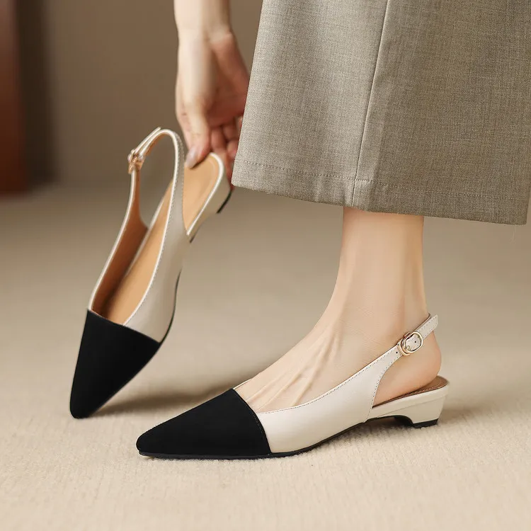 Summer sandals, pointed toe, chunky heel, high heel, open back, sheepskin fashion color-blocked women's shoes, 4-22h - Off-white 33