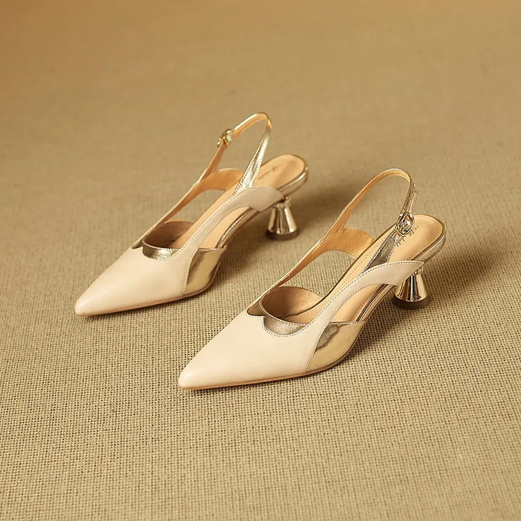 Stylish 3-color trendy summer sandals with pointed toe and chunky heel, fashionable and elegant cowhide women's shoes - Apricot 34