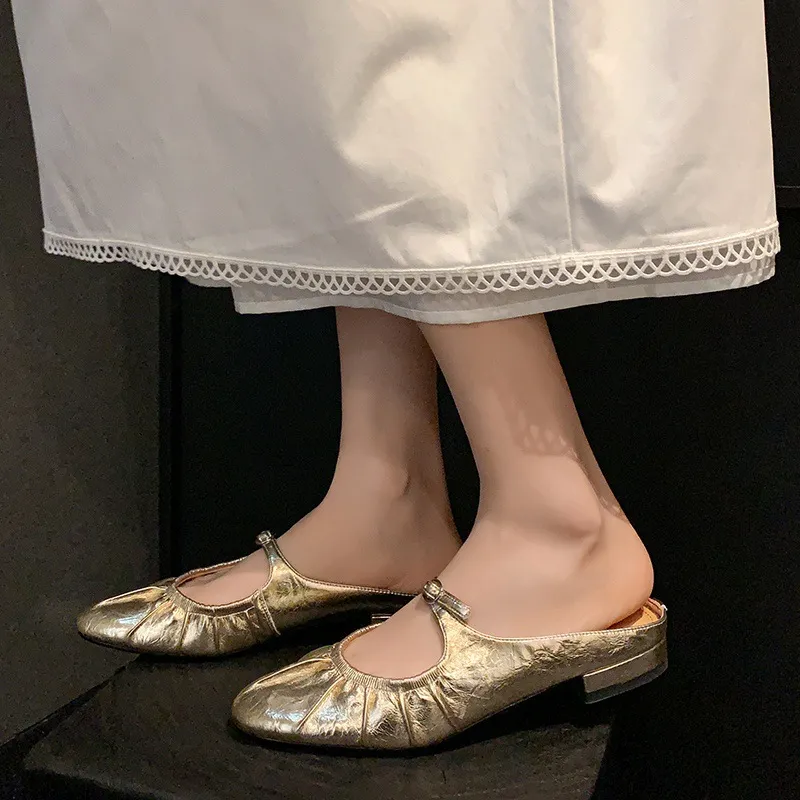 Summer slippers, round toe, chunky heel, low heel, closed toe, cowhide fashion women's shoes, 4-29g - Gold 34