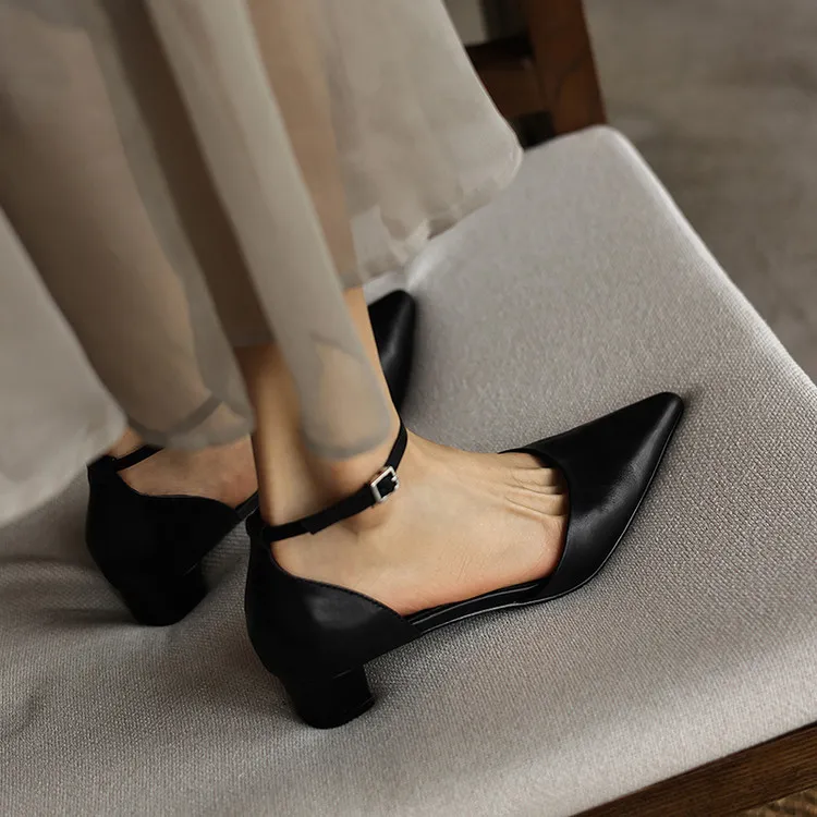 Summer sandals, pointed toe, closed toe, hollow buckle, chunky heel, women's high heels, 5-6m - Black 34
