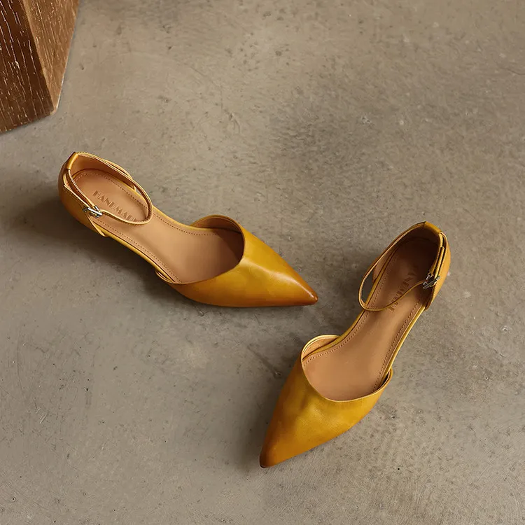 Summer sandals, pointed toe, closed toe, hollow buckle, chunky heel, women's high heels, 5-6m - Turmeric yellow 34