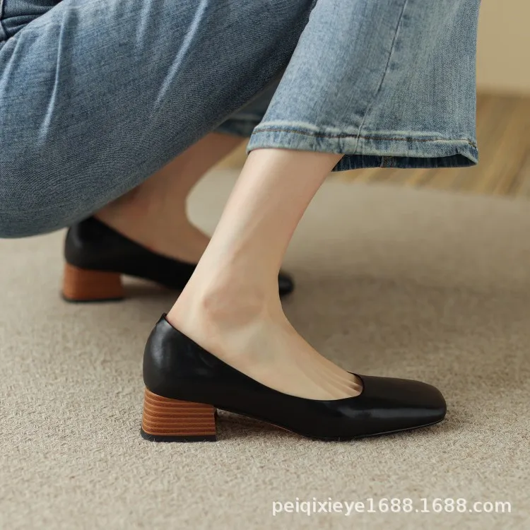 Spring and Autumn Solid Color Retro Shallow Mouth Square Toe Women's Leather Shoes Low to Mid Heel Fashion Cowhide Chunky Heel Single Shoes sy4-7i - Black 34