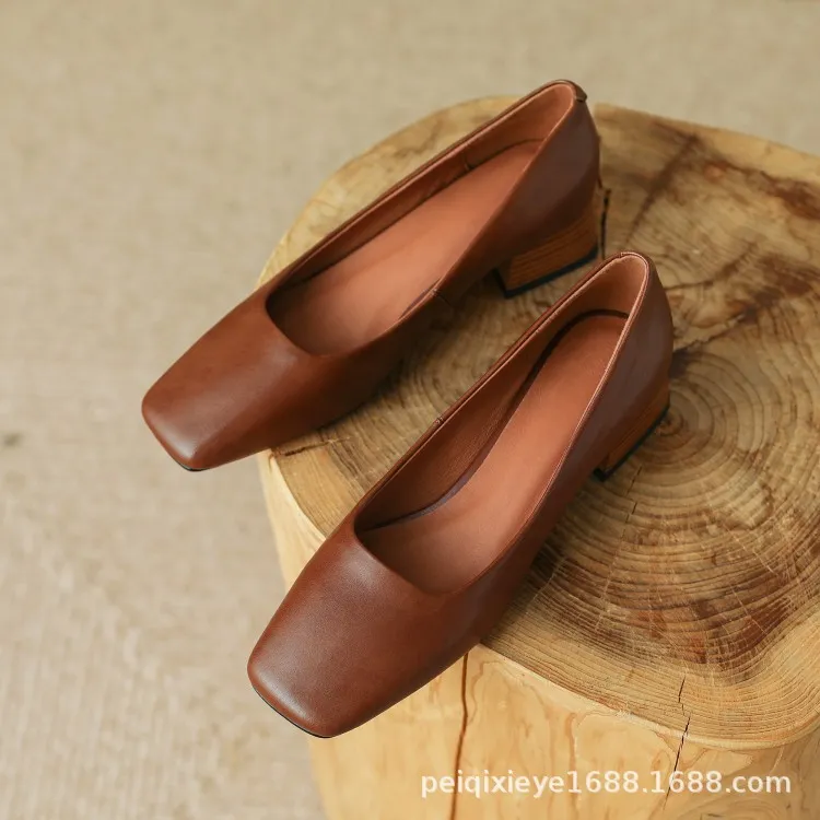 Spring and Autumn Solid Color Retro Shallow Mouth Square Toe Women's Leather Shoes Low to Mid Heel Fashion Cowhide Chunky Heel Single Shoes sy4-7i - Brown 34
