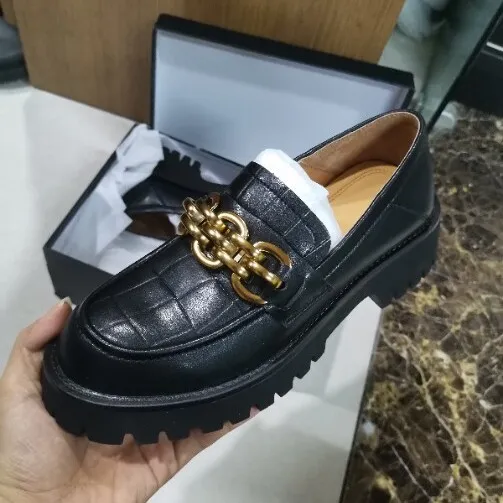 Spring and Autumn Cowhide Round Toe Chain Mid-Cut Retro Thick-Soled Loafers - Black 33 (Custom orders, no returns or exchanges)