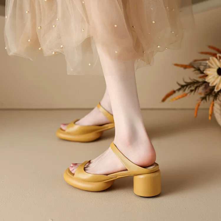 Summer chunky heeled high-heeled round-toe simple sandals, yellow and black cowhide, comfortable, can be worn as outerwear, slippers, 3-14r - Bright yellow. 6cm heel 34