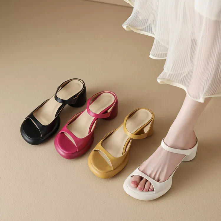 Summer chunky heeled high-heeled round-toe simple sandals, yellow and black cowhide, comfortable, can be worn as outerwear, slippers, 3-14r - Black. Heel 6cm 34
