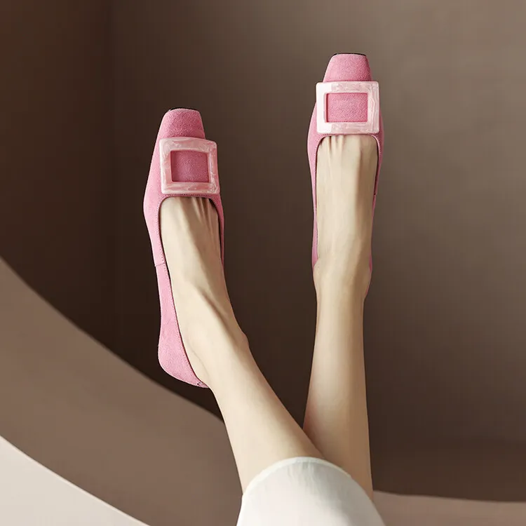 2023 Spring/Summer Square Buckle Low Heel Square Toe Slip-on Korean Style Sweet Women's Shoes 3-29s - Rose Pink 34