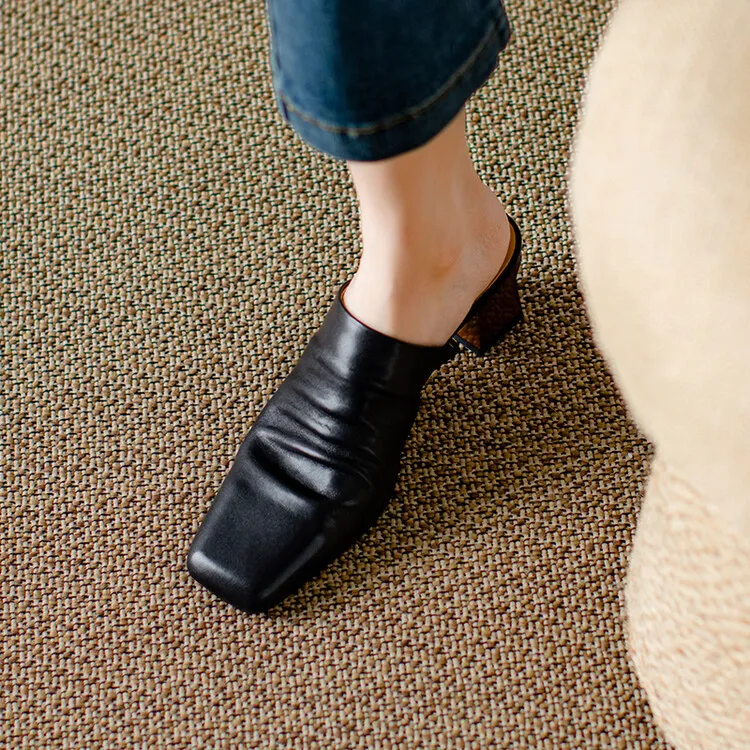High-end semi-slipper spring/summer style cowhide slippers, comfortable closed toe, chunky heel, high heel, square toe, retro style, women's shoes for outdoor wear, 4-6h - Black 33 (Custom-made, no returns or exchanges)