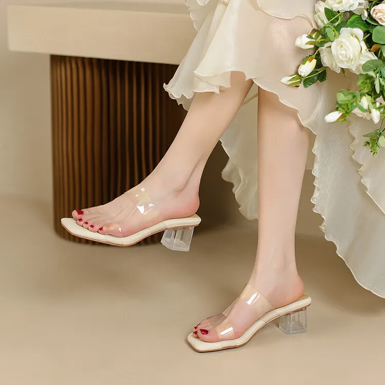 Extra soft, thick-soled, transparent mid-heel high-heeled sandals for women, perfect for summer wear, crystal heel chunky heel slippers, 6-2g - White, approximately 5cm mid-heel Size 33, custom made, no returns or exchanges.