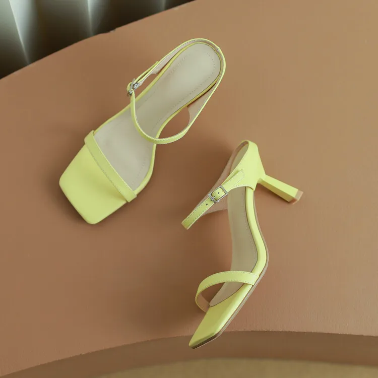 Women's stiletto sandals, Korean style, square toe, fashionable high heels, open toe, slip-on sandals, suitable for outdoor wear, 5-4g - Yellow 33