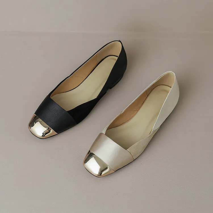 2023 Autumn Collection Metallic Toe Square Toe Color Block Low-Cut Flat Shoes Korean Style French Flat Women's Shoes Plus Size 7-18L - Black 34