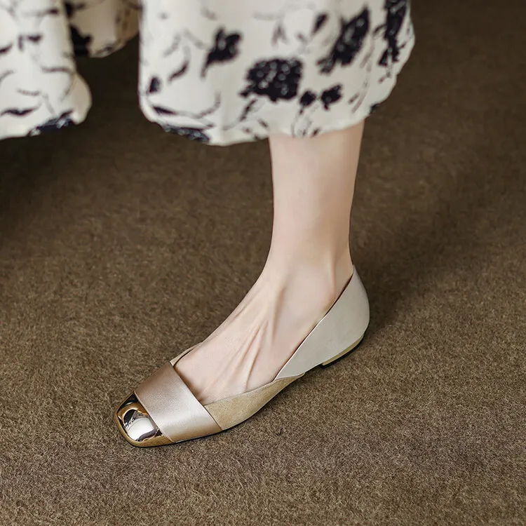 2023 Autumn Collection Metallic Toe Square Toe Color Block Low-Cut Flat Shoes Korean Style French Flat Women's Shoes Plus Size 7-18L - Apricot 34