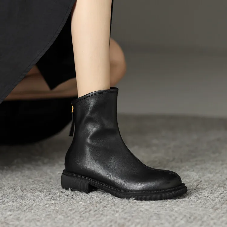 Popular women's low-heeled cowhide Chelsea boots, autumn and winter style, thick-soled Martin boots. - Black [Flannel Lining] 34