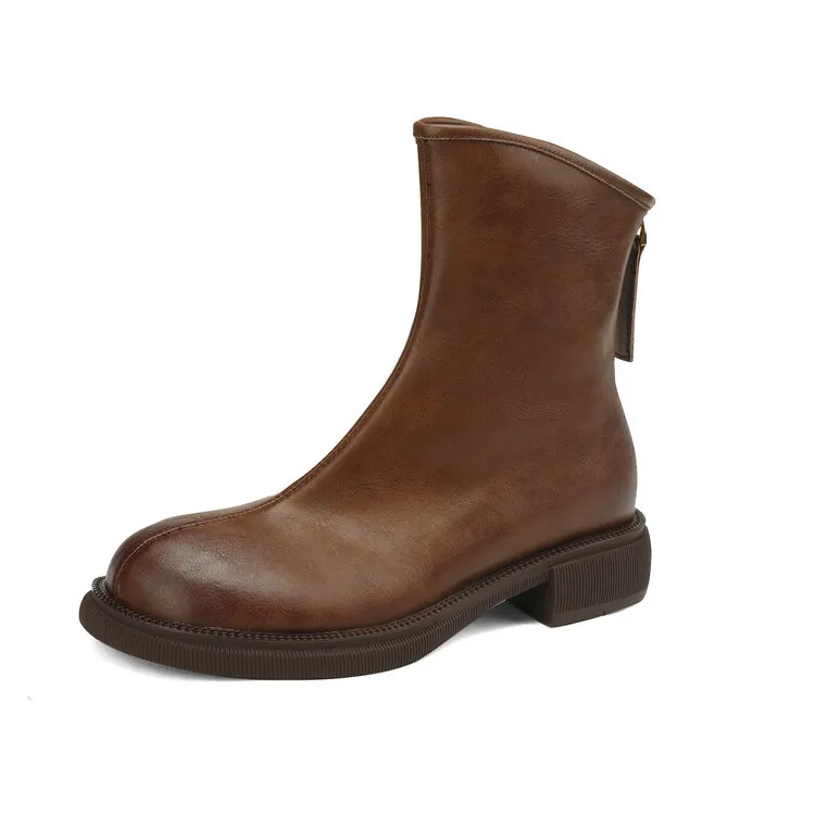 Popular women's low-heeled cowhide Chelsea boots, autumn and winter style, thick-soled Martin boots. - Brown [Single] 34