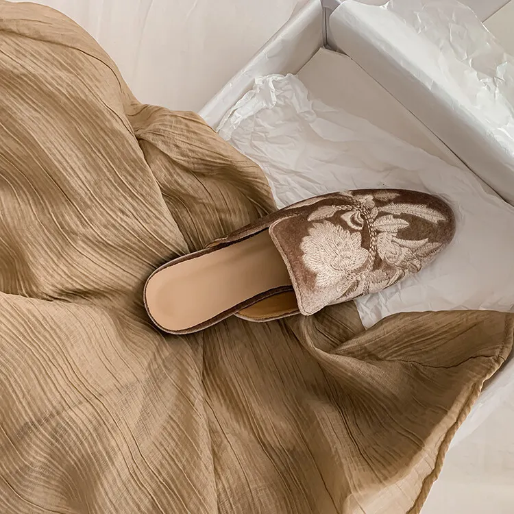 Spring Embroidered Toe-Up Flat Half-Slip Mules for Women 3-21e - Lotus color 34
