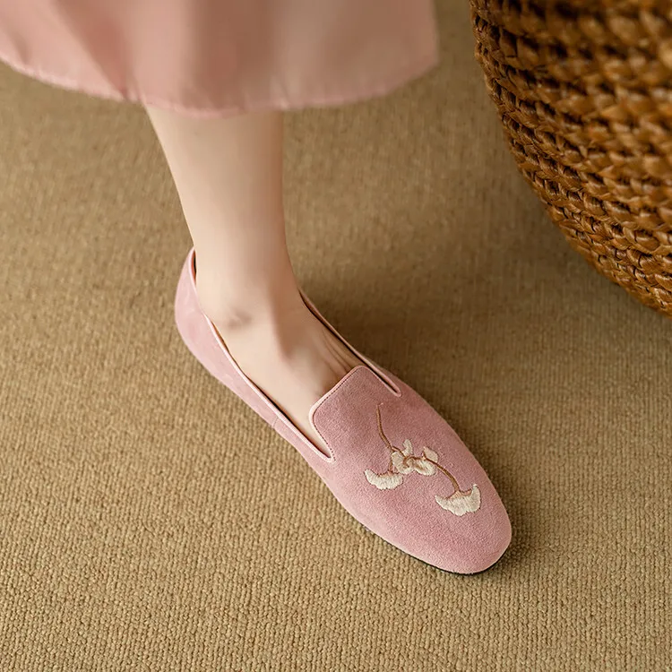Elegant embroidered retro sheepskin loafers for women, spring grandma shoes, flat single shoes, new Chinese style 3-21s - Pink 34