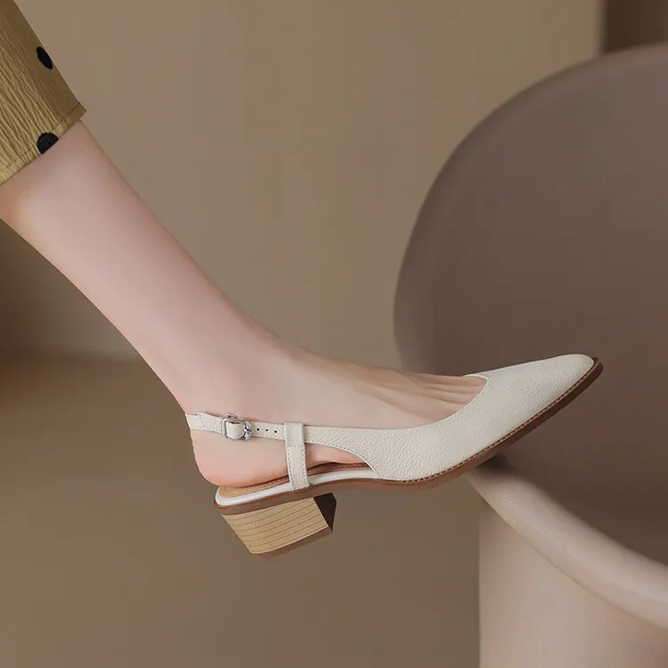 Spring style pointed toe closed toe open back sandals chunky heel mid-heel new Chinese style buckle sandals plus size women's shoes - Off-white 34